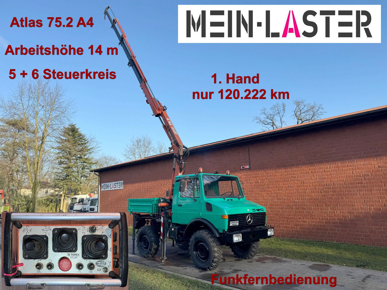 Unimog U 1200 Atlas 75.2 Kran 14 m Funk FB *1. Hand - Lastbil med kran: billede 1 Unimog U 1200 Atlas 75.2 Kran 14 m Funk FB *1. Hand - Lastbil med kran: billede 1