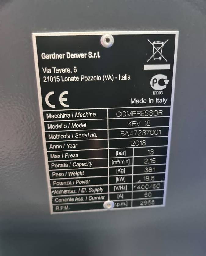 Kompresor śrubowy GARDNER DENVER KBV 18 18,5 kw, 2018r, Falownik - Luftkompressor: billede 4 Kompresor śrubowy GARDNER DENVER KBV 18 18,5 kw, 2018r, Falownik - Luftkompressor: billede 4