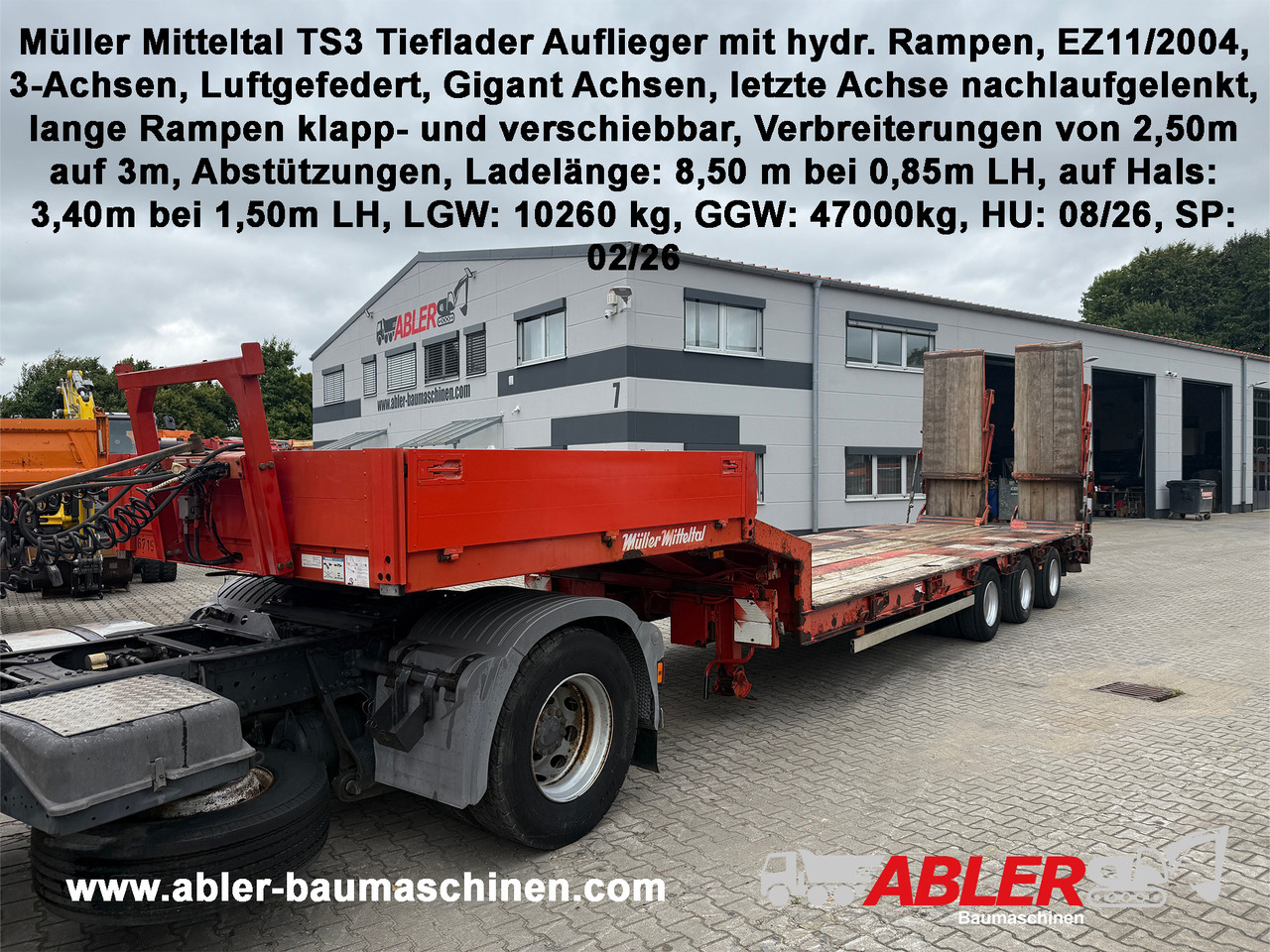 Müller Mitteltal TS3 Tieflader Auflieger mit hydr. Rampen - Nedbygget platform sættevogn: billede 1 Müller Mitteltal TS3 Tieflader Auflieger mit hydr. Rampen - Nedbygget platform sættevogn: billede 1