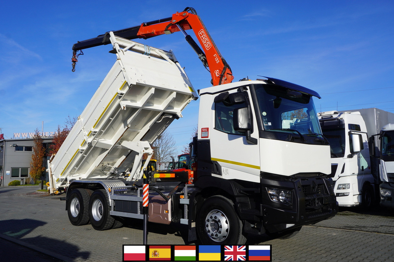 RENAULT C380 E6 6×4 / HDS Fassi F135 2700 MTH / Range 8 m / 5.6 t lifting capacity / 3-side tipper / Bortmatic - Tipvogn lastbil, Lastbil med kran: billede 1 RENAULT C380 E6 6×4 / HDS Fassi F135 2700 MTH / Range 8 m / 5.6 t lifting capacity / 3-side tipper / Bortmatic - Tipvogn lastbil, Lastbil med kran: billede 1