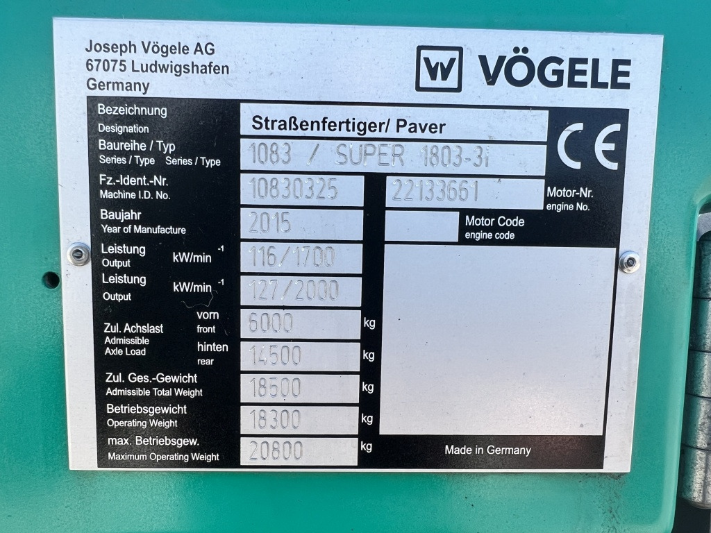 Asfaltudlægger Vögele Super 1803-3i (111572): billede 8 Asfaltudlægger Vögele Super 1803-3i (111572): billede 8