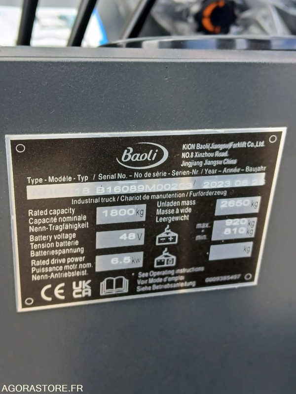 Chariot élévateur Baoli KBET18 Electrique 4350 NEUF - El gaffeltruck: billede 5 Chariot élévateur Baoli KBET18 Electrique 4350 NEUF - El gaffeltruck: billede 5