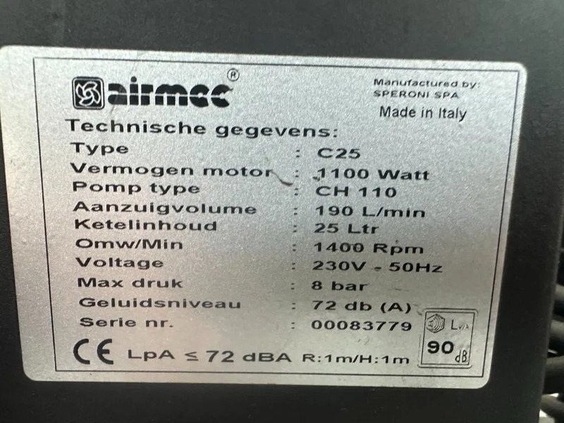Airmec C25 Oliegesmeerde Zuigercompressor 1.65 PK 190 L / min 8 Bar Overstock - Luftkompressor: billede 3 Airmec C25 Oliegesmeerde Zuigercompressor 1.65 PK 190 L / min 8 Bar Overstock - Luftkompressor: billede 3