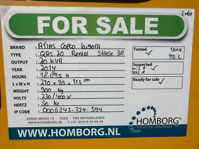 Strømgenerator Atlas-Copco QAS 20 Kubota Leroy Somer 20 kVA Silent Rental generatorrset Stage 3A: billede 18