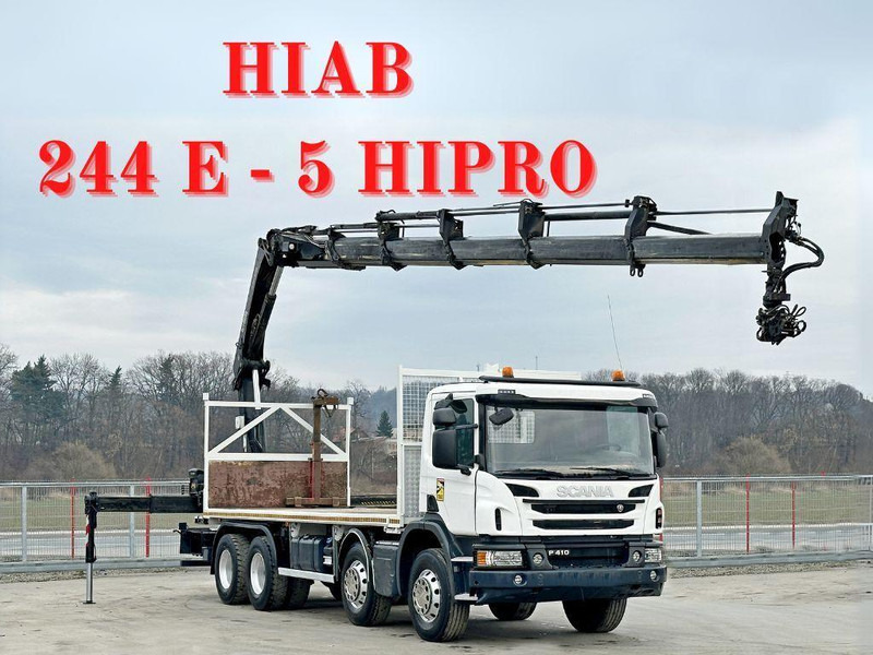 Scania P 410*PLATFORM 7,00m*HIAB 244 E-5 HIPRO+FUNK/8x4 - Lastbil med lad, Lastbil med kran: billede 1 Scania P 410*PLATFORM 7,00m*HIAB 244 E-5 HIPRO+FUNK/8x4 - Lastbil med lad, Lastbil med kran: billede 1